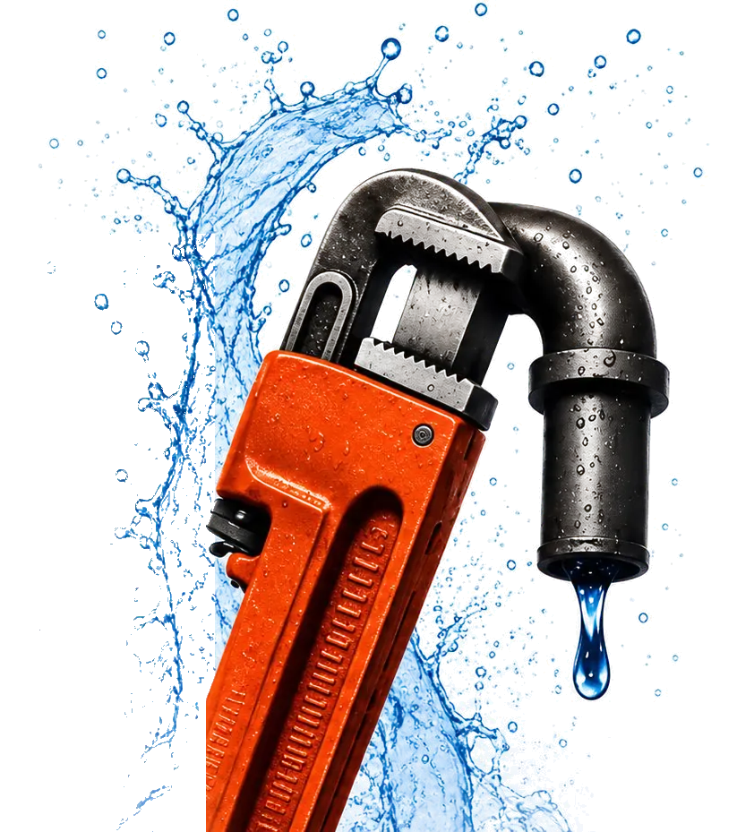 Pipe wrench gripping a dripping pipe elbow with a splash of water — Penn Plumbing, Heating and Cooling